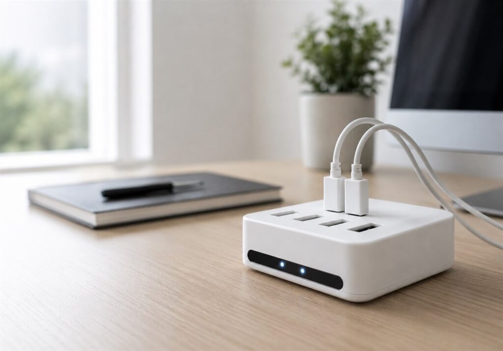 USB charging station hidden camera on an office desk with charging cables plugged in