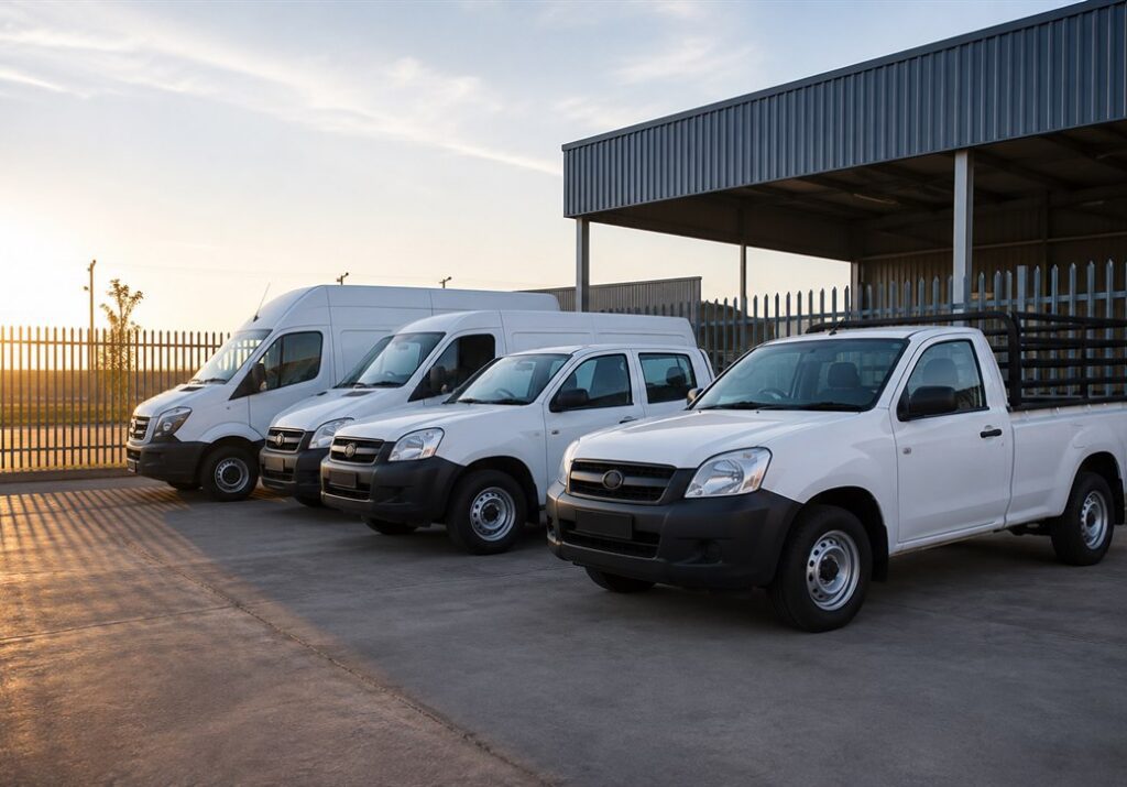 Fleet GPS tracking on commercial vehicles parked in a South African business yard